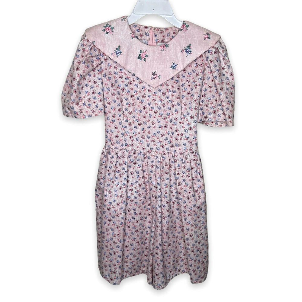 VTG Handmade Girls Floral Romper Size 8? Bib Collar Lt Pink Easter Cottage Core